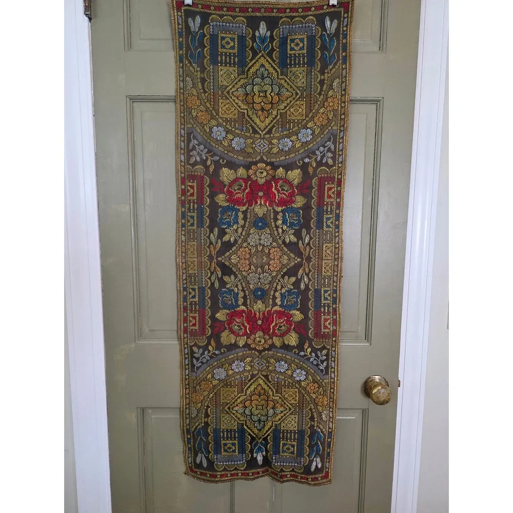 Vintage Woven Tapestry Floral Damask Table Runner Wall Hanging Gold Red Blue